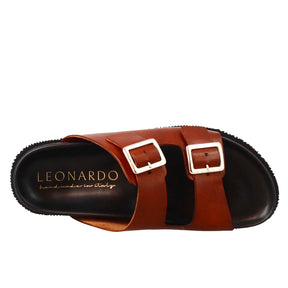 Brown double buckle sandals for men in leather open on the back