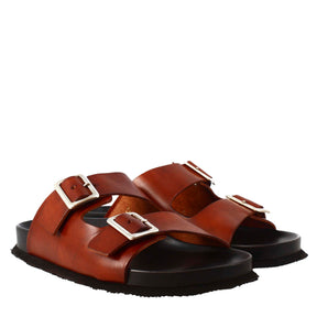 Brown double buckle sandals for men in leather open on the back