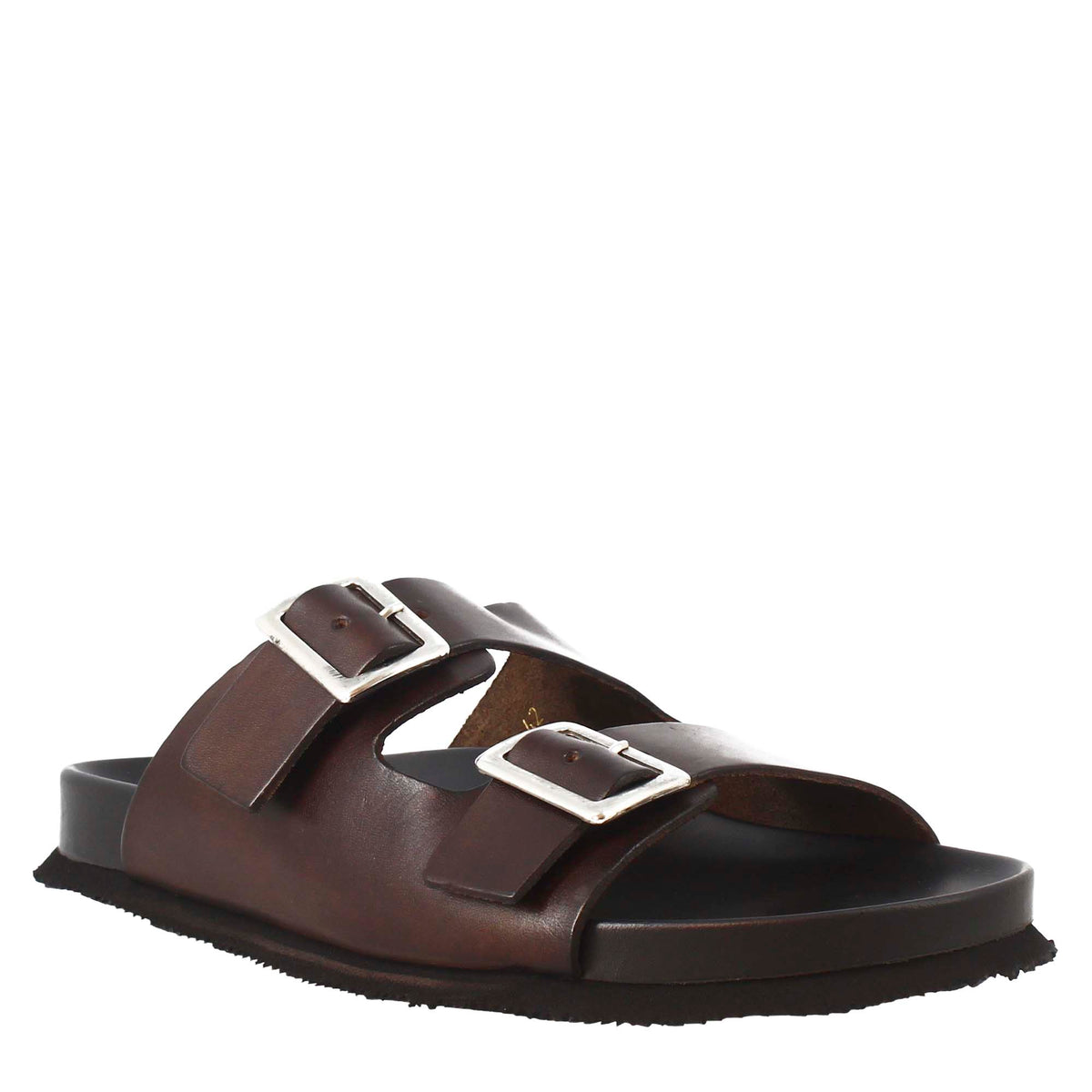 Men's dark brown double buckle sandals in leather open on the back