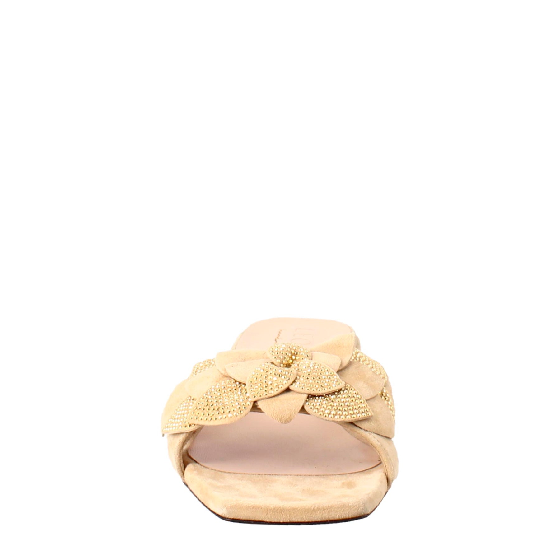 Sandalo da donna a forma squadrata in pelle scamosciata beige con glitter