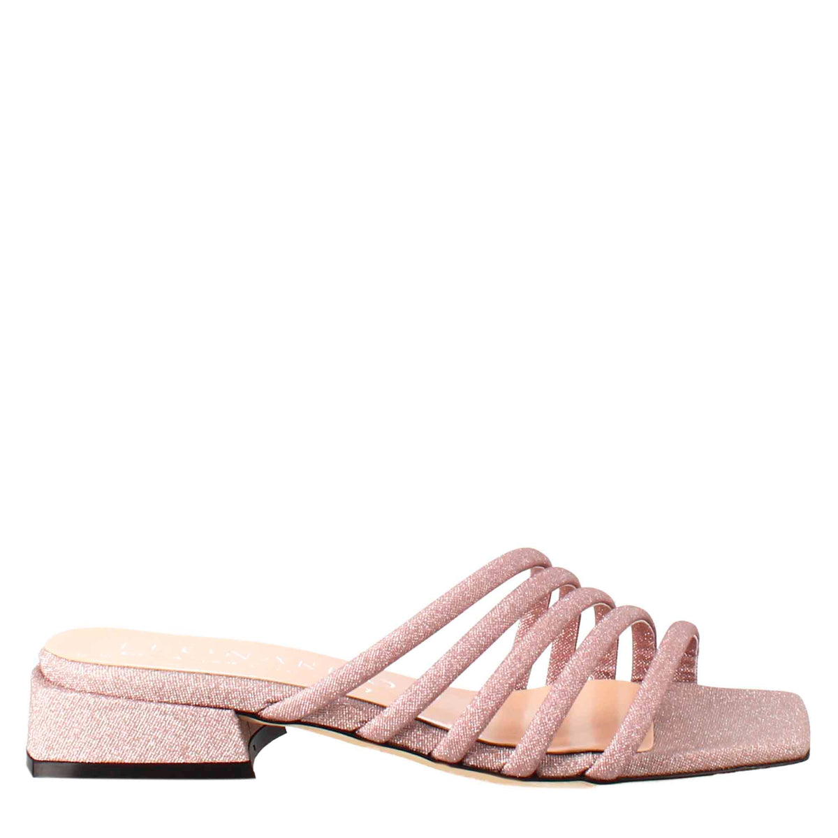 Square-shaped women's sandal in pink leather with glitter