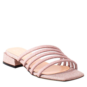 Square-shaped women's sandal in pink leather with glitter