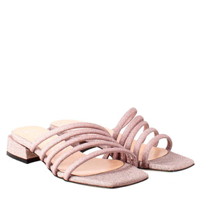 Square-shaped women's sandal in pink leather with glitter