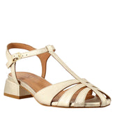Woman's sandal in laminated platinum color in the shape of a cage