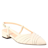 Woman's pointed toe medium heel closed sandal in beige pleated leather