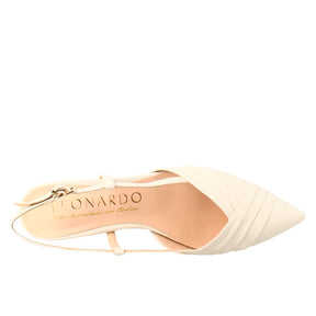Woman's pointed toe medium heel closed sandal in beige pleated leather