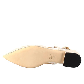 Woman's pointed toe medium heel closed sandal in beige pleated leather