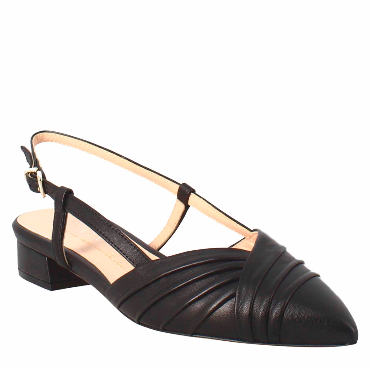 Woman's pointed toe medium heel closed sandal in black pleated leather