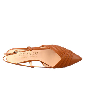 Woman's pointed toe medium heel closed sandal in brown pleated leather