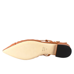 Woman's pointed toe medium heel closed sandal in brown pleated leather
