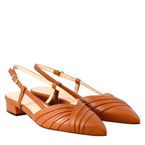 Woman's pointed toe medium heel closed sandal in brown pleated leather