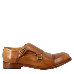 Men's elegant vintage beige double buckle shoe in leather