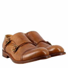 Men's elegant vintage beige double buckle shoe in leather