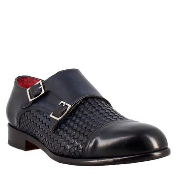 Men's double buckle shoe in blue woven leather Men's double buckle shoe in blue woven leather