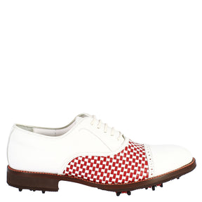 Scarpe classiche da golf uomo artigianali in pelle bianca rossa