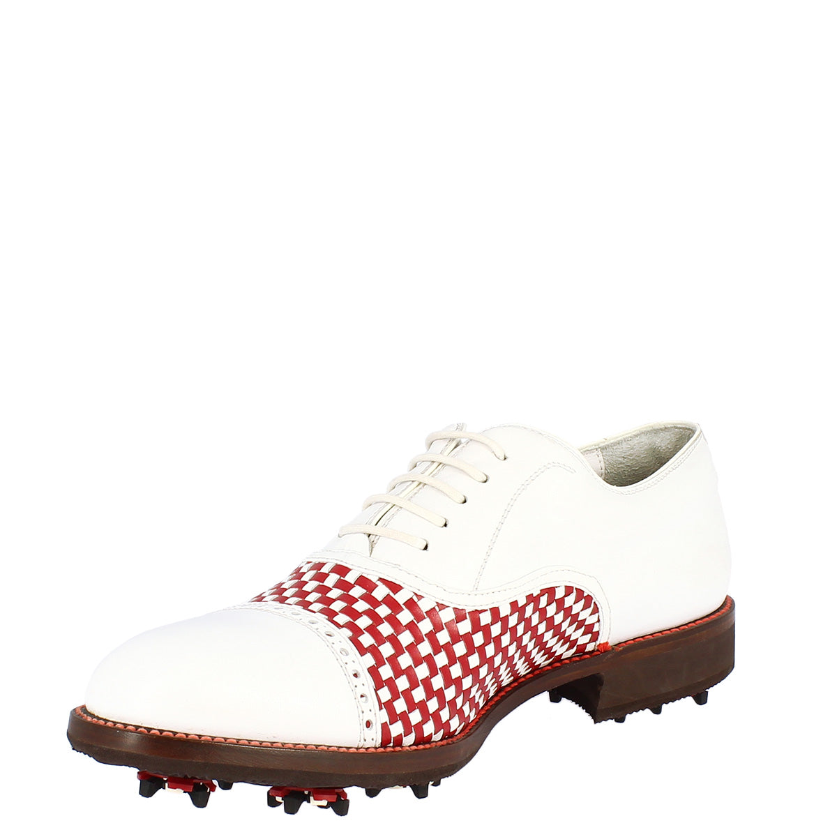 Chaussures de golf classiques pour hommes faites à la main en cuir de veau rouge blanc
