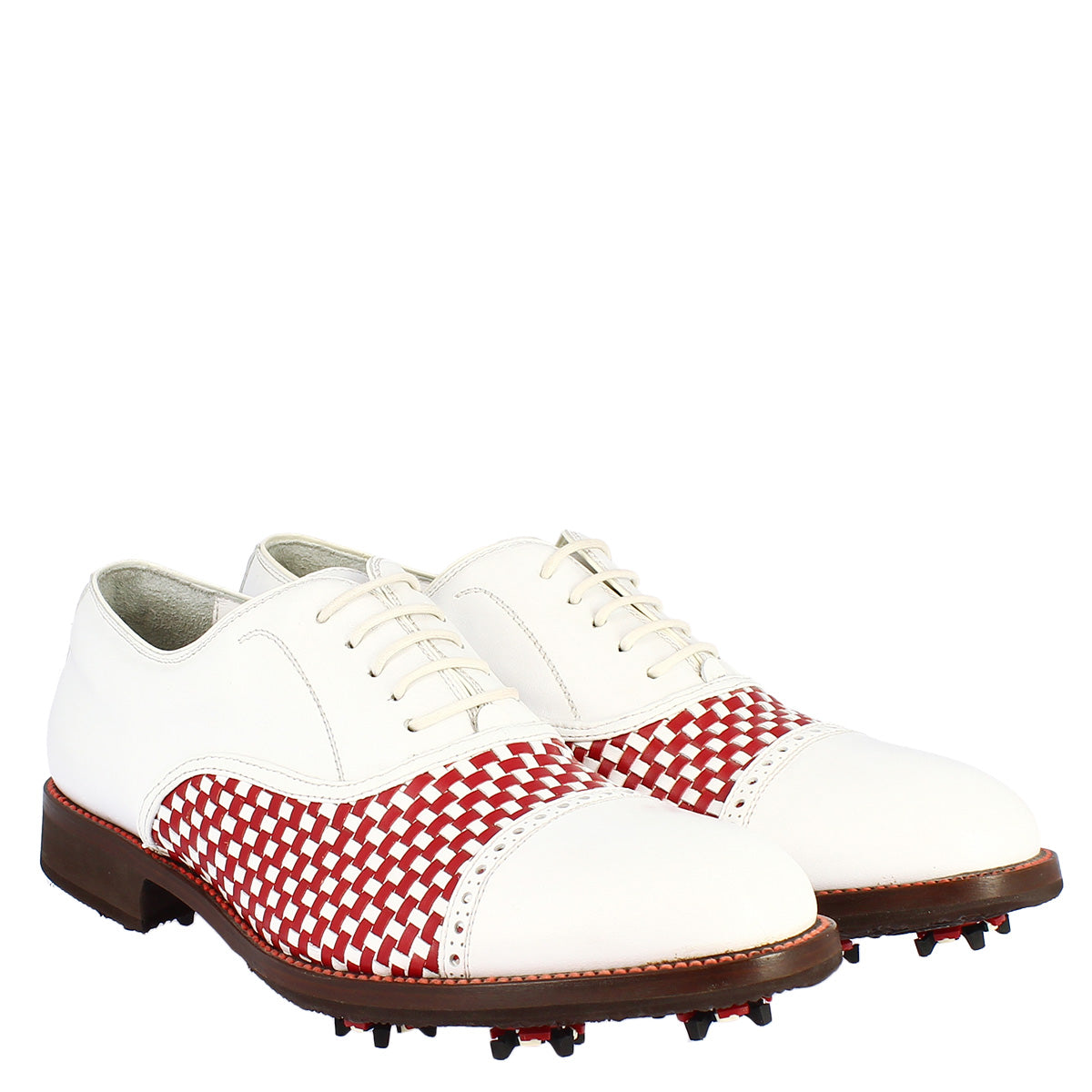 Classic handmade men's golf shoes in white red calf leather