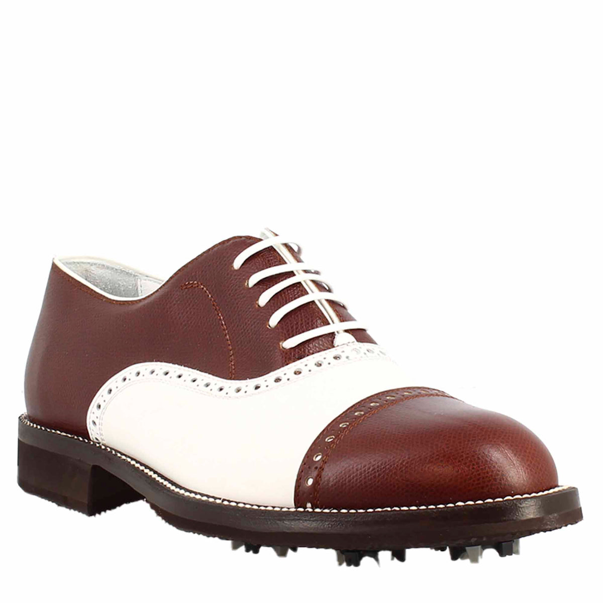 Handcrafted golf shoes in white and brown leather with  display picture 1