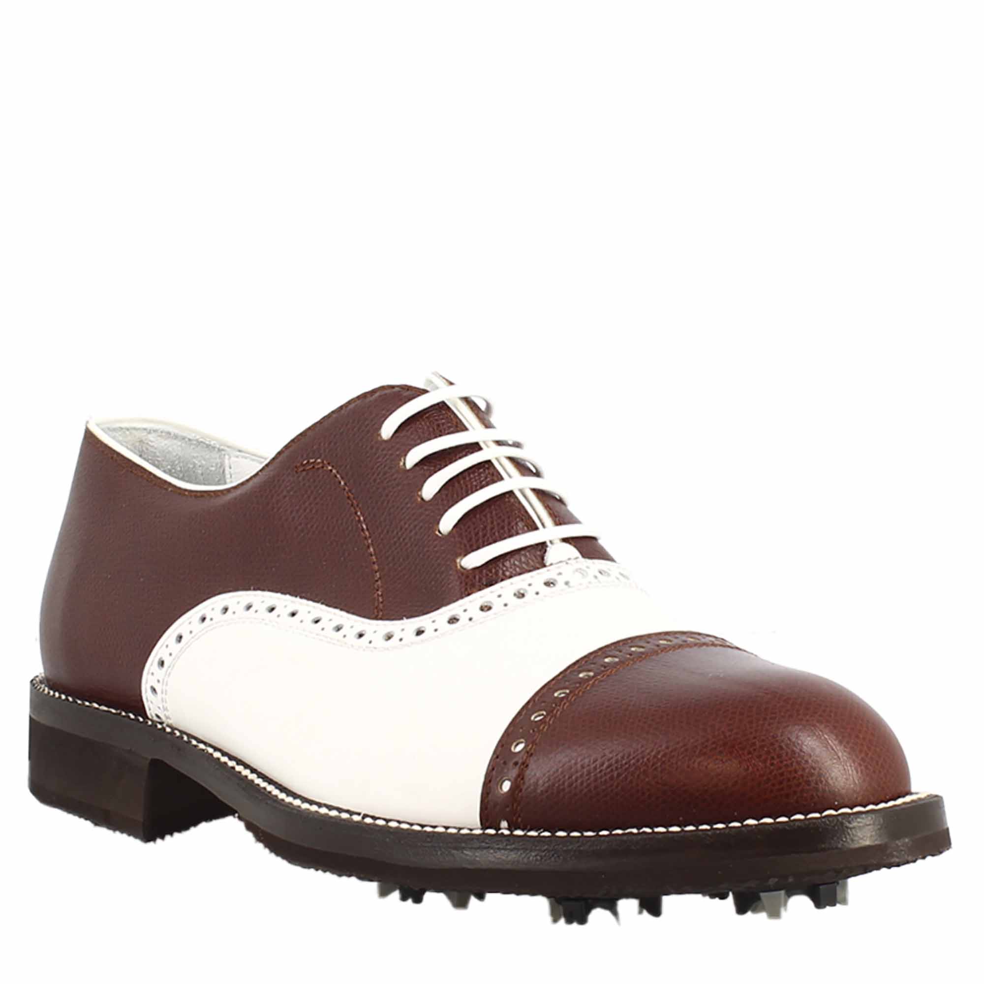 Scarpe da golf artigianali in pelle colore bianco e marrone con dettagli brogue - LeonardoShoes