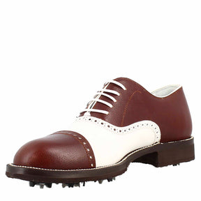 Handcrafted LRP women's golf shoes in white and brown leather with brogue details