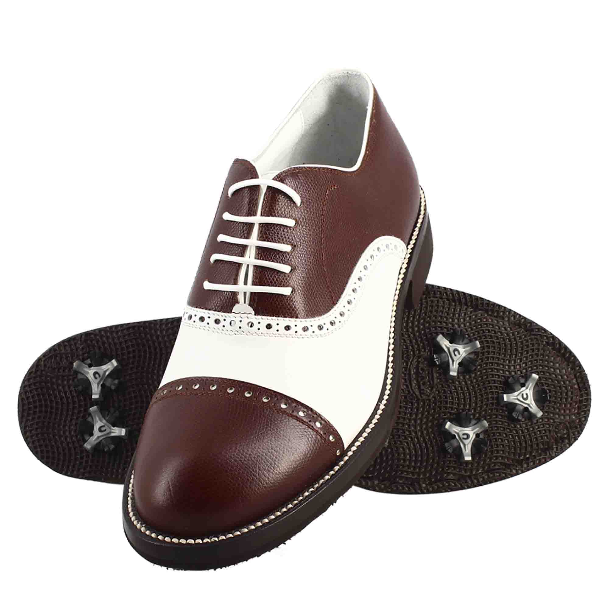 Scarpe da golf artigianali in pelle colore bianco e marrone con dettagli brogue - LeonardoShoes