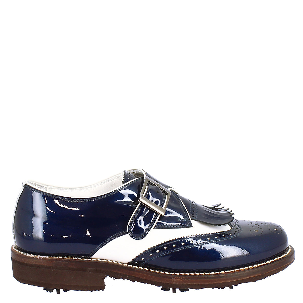 Ladies' golf buckle shoes in white leather and blue patent leather