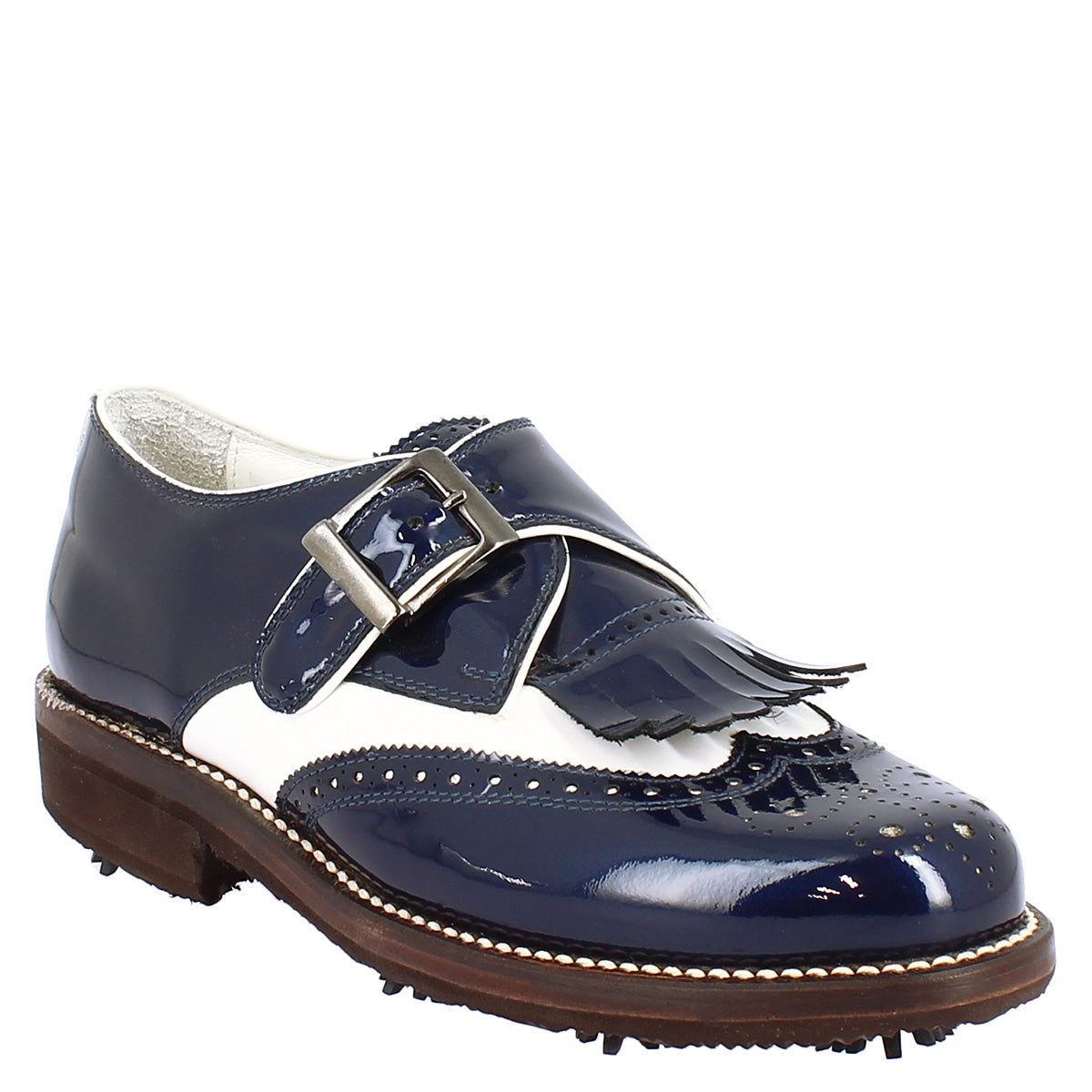 Chaussures à boucle pour femmes en cuir blanc et cuir verni bleu