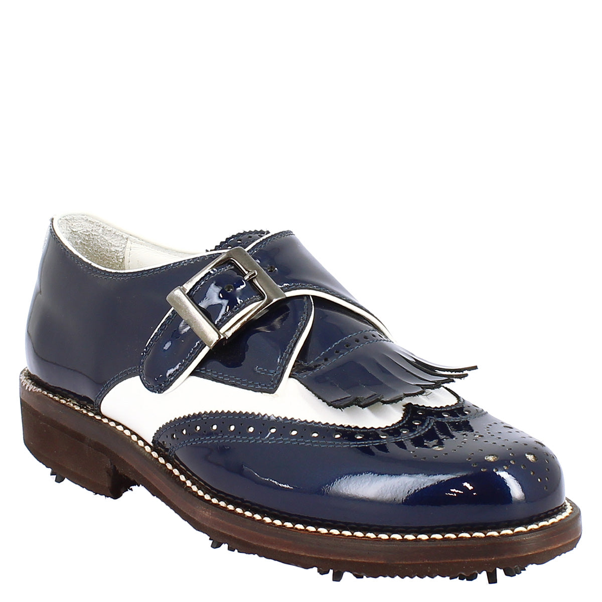 Chaussures de golf à boucle pour hommes en cuir blanc et cuir verni bleu