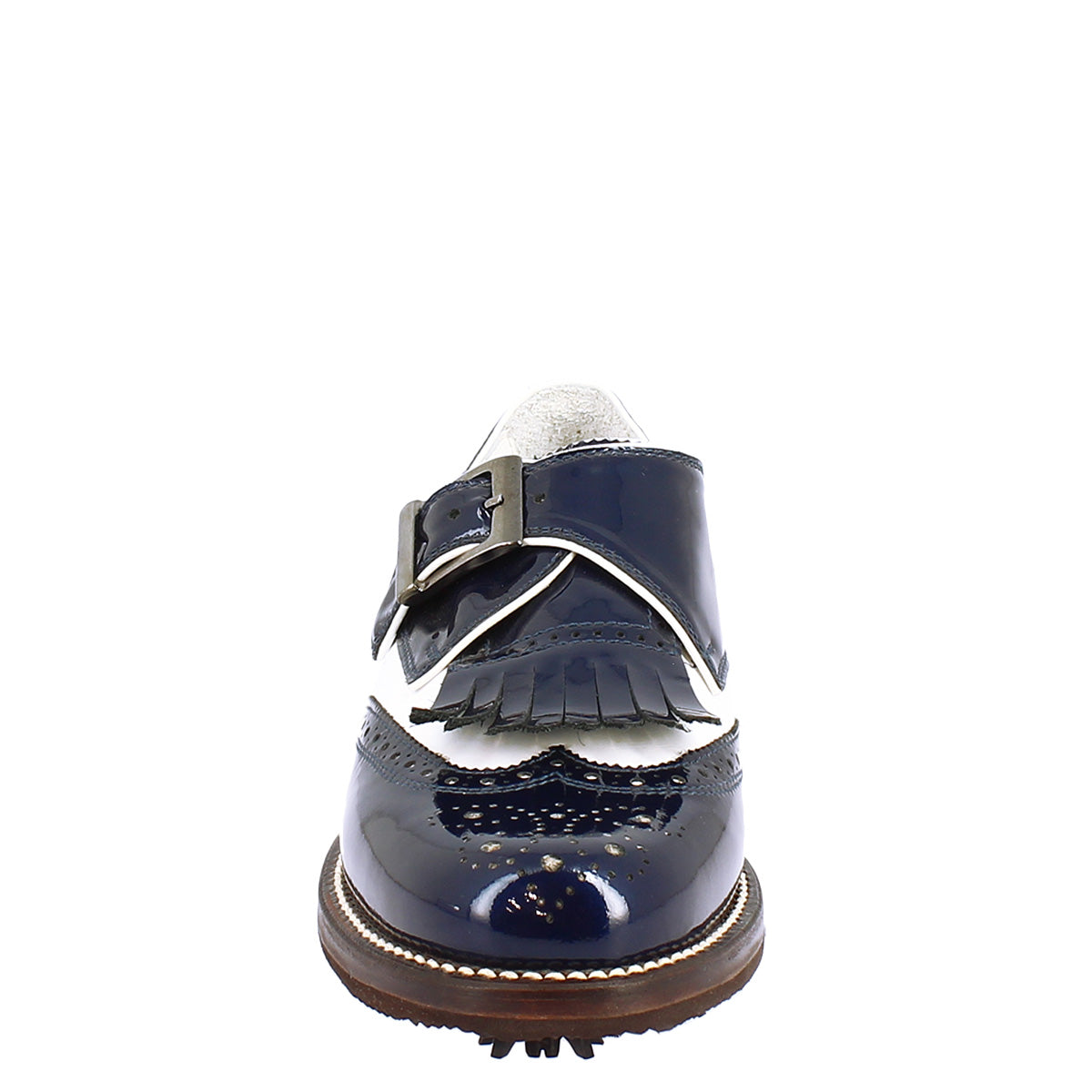Women's buckle shoes in white leather and blue patent leather