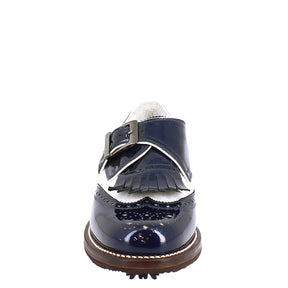 Chaussures de golf à boucle pour hommes en cuir blanc et cuir verni bleu