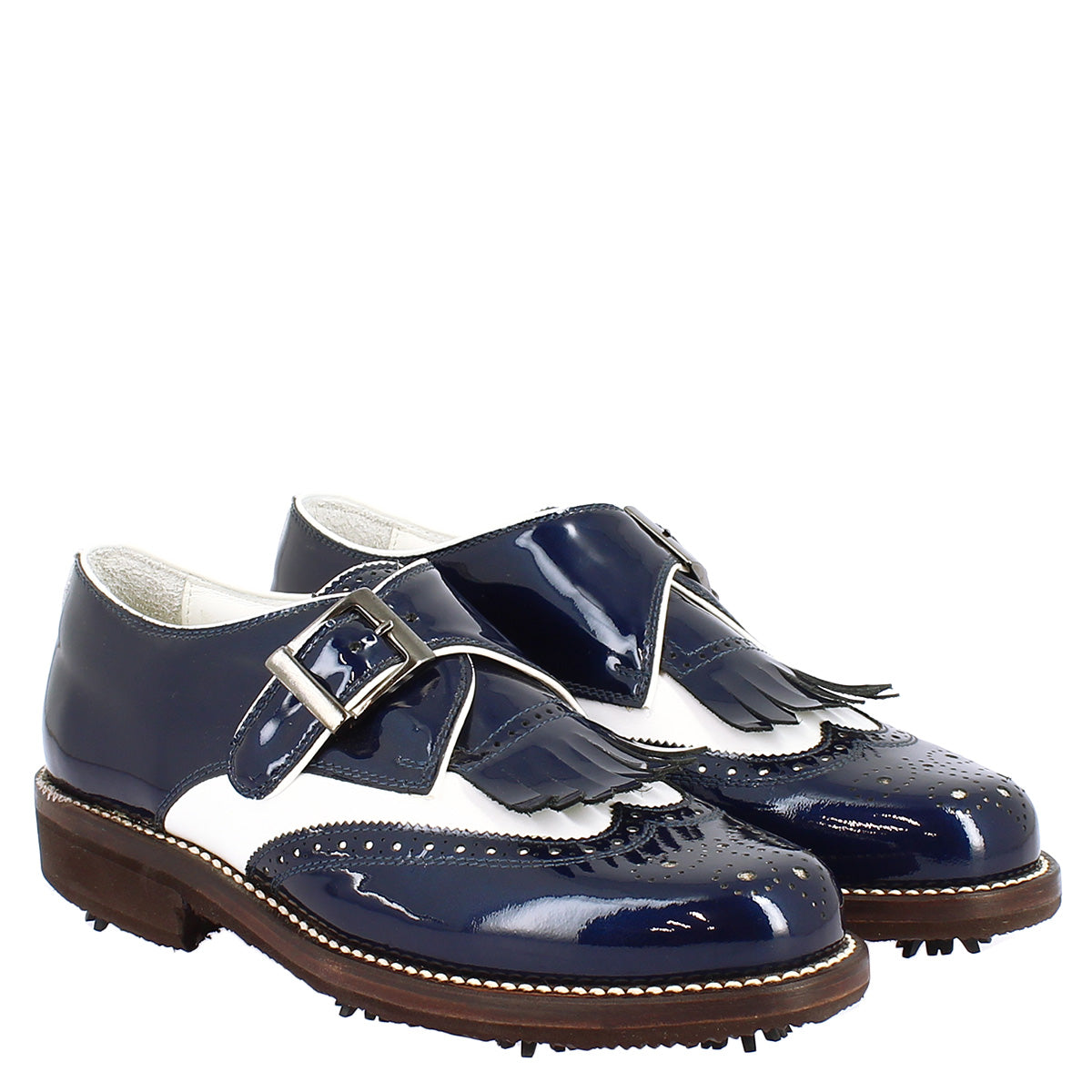 Women's buckle shoes in white leather and blue patent leather