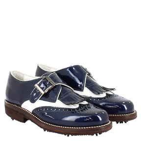 Men's buckle shoes in white leather and blue patent leather
