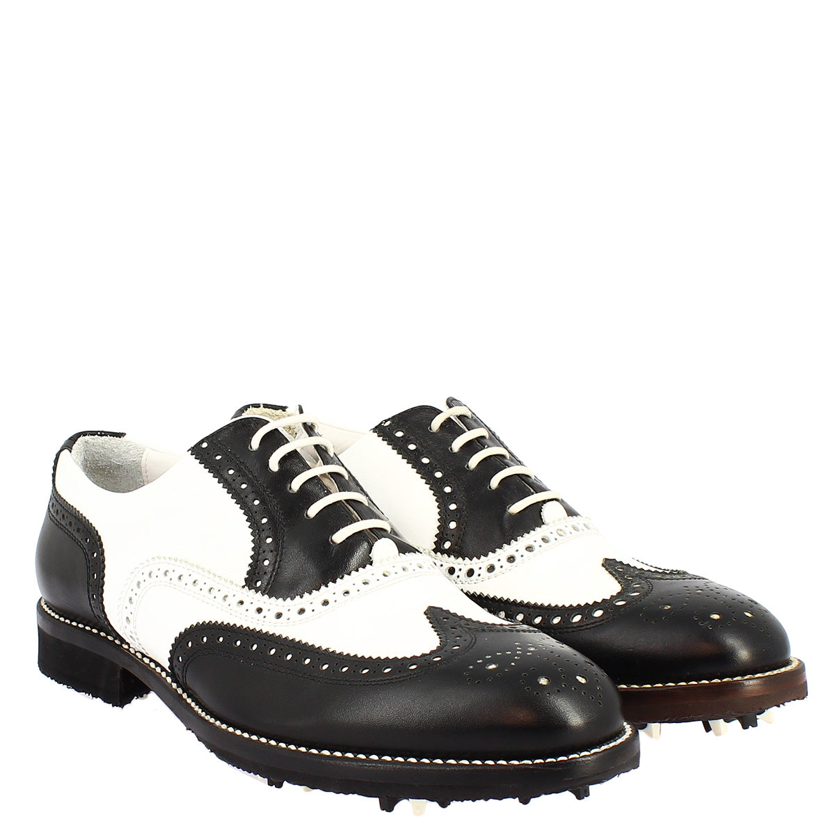Zweifarbige schwarze und weiße handgefertigte Damen-Golfschuhe aus Leder