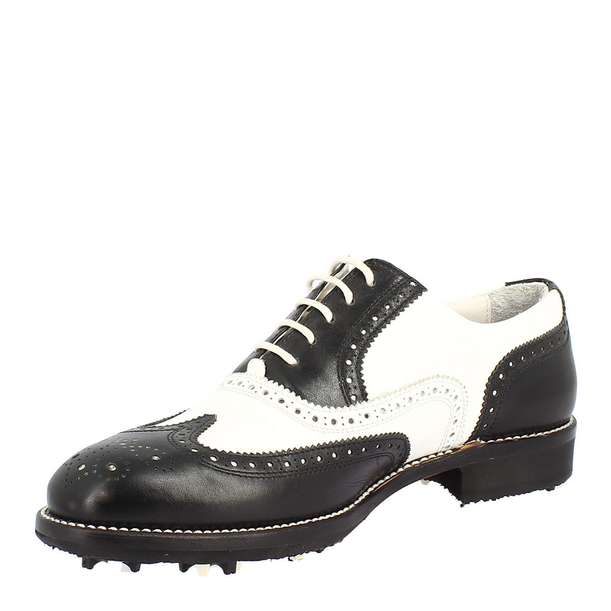 Zweifarbige schwarze und weiße handgefertigte Damen-Golfschuhe aus Leder
