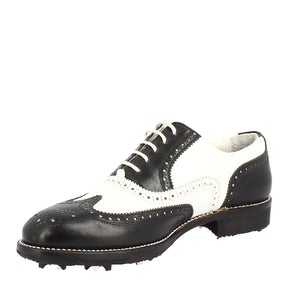 Women's two-tone black and white handcrafted leather golf shoes