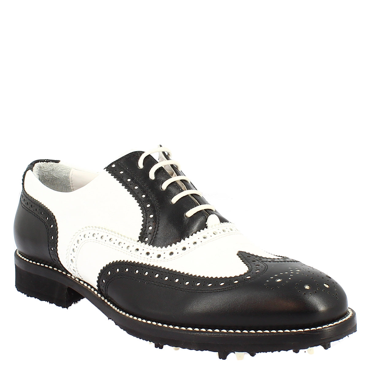 Scarpe da golf artigianale in pelle bicolore bianco e nero - LeonardoShoes