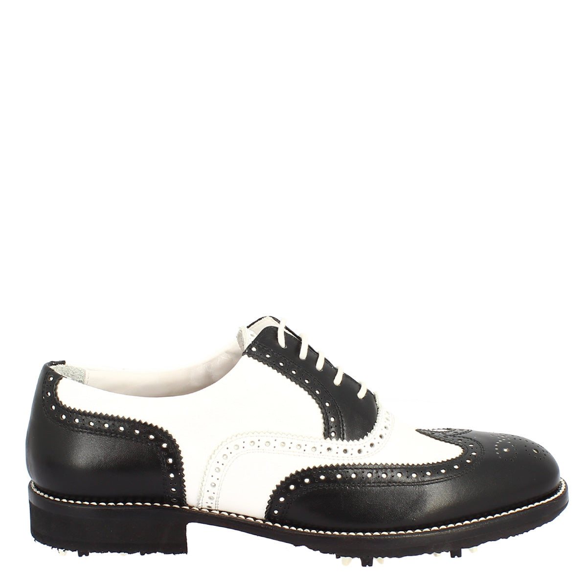 Chaussures de golf en cuir bicolore noir/blanc fabriquées à la main