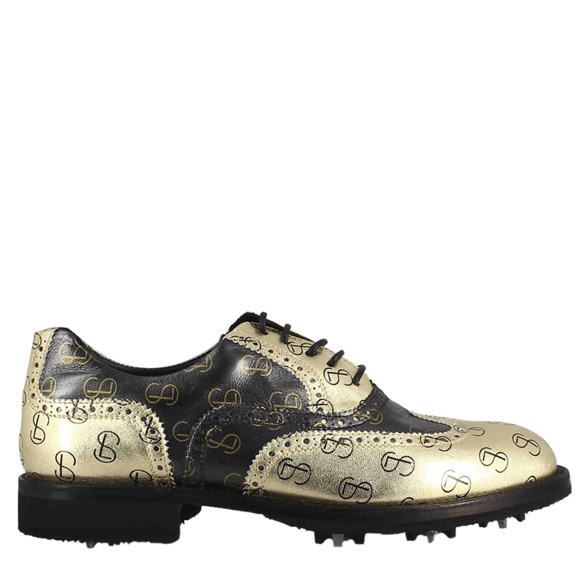 Scarpe da golf bicolore in pelle pieno fiore nero e oro - LeonardoShoes