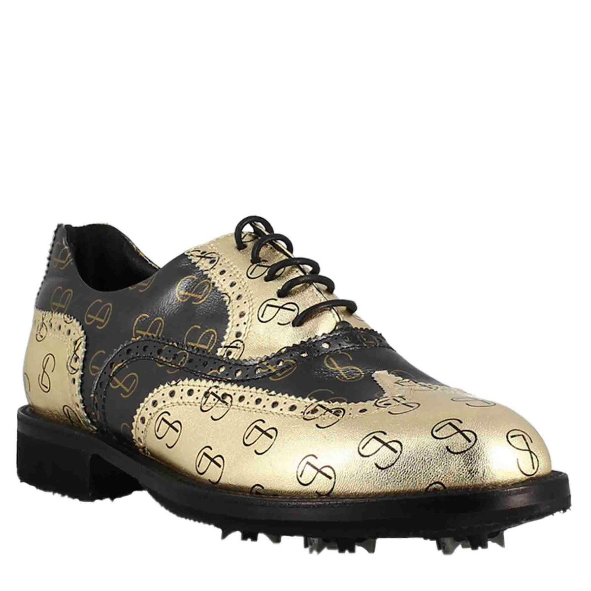 Women's two-tone black and gold full-grain leather golf shoes