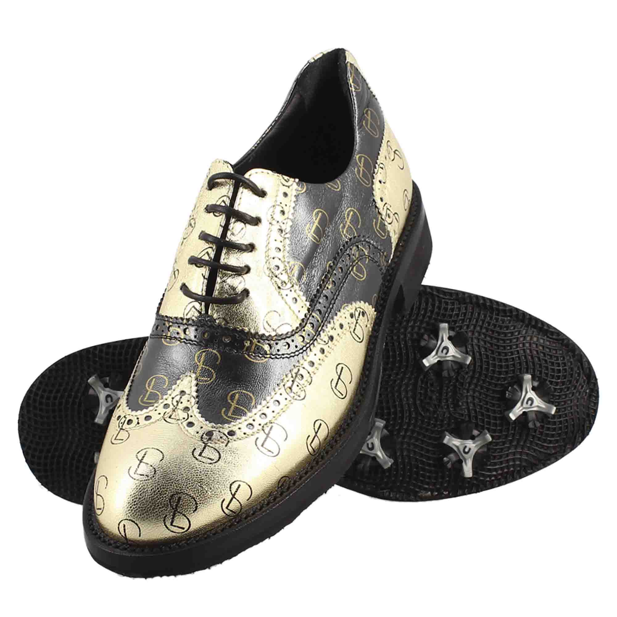 Zweifarbige Golfschuhe aus vollnarbigem Leder in Schwarz und Gold für Damen