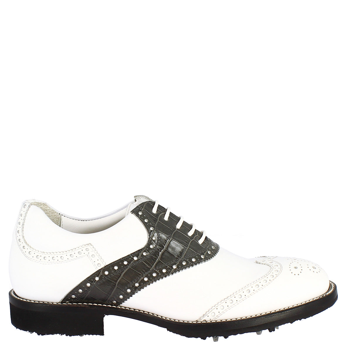 Chaussures de golf classiques pour femmes faites à la main en cuir de veau gris blanc