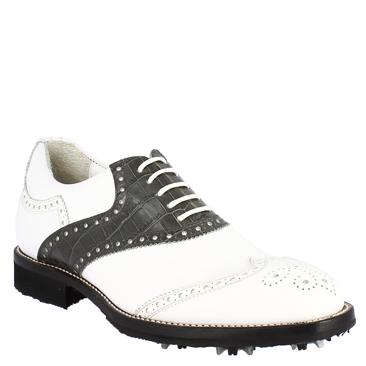 Chaussures de golf classiques pour femmes faites à la main en cuir de veau gris blanc