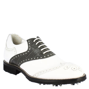 Chaussures de golf classiques pour hommes, fabriquées à la main, en cuir gris blanc
