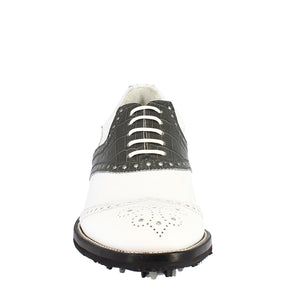 Scarpe da golf donna classiche artigianali in pelle bianca grigia