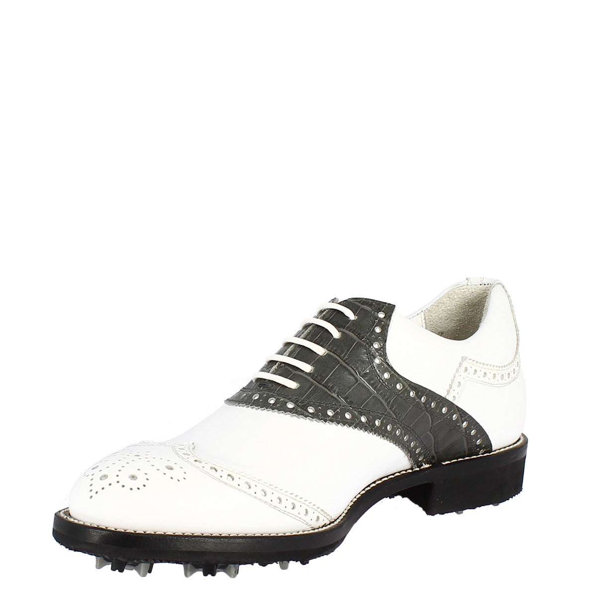 Handgefertigte klassische Damen-Golfschuhe aus weiß-grauem Leder