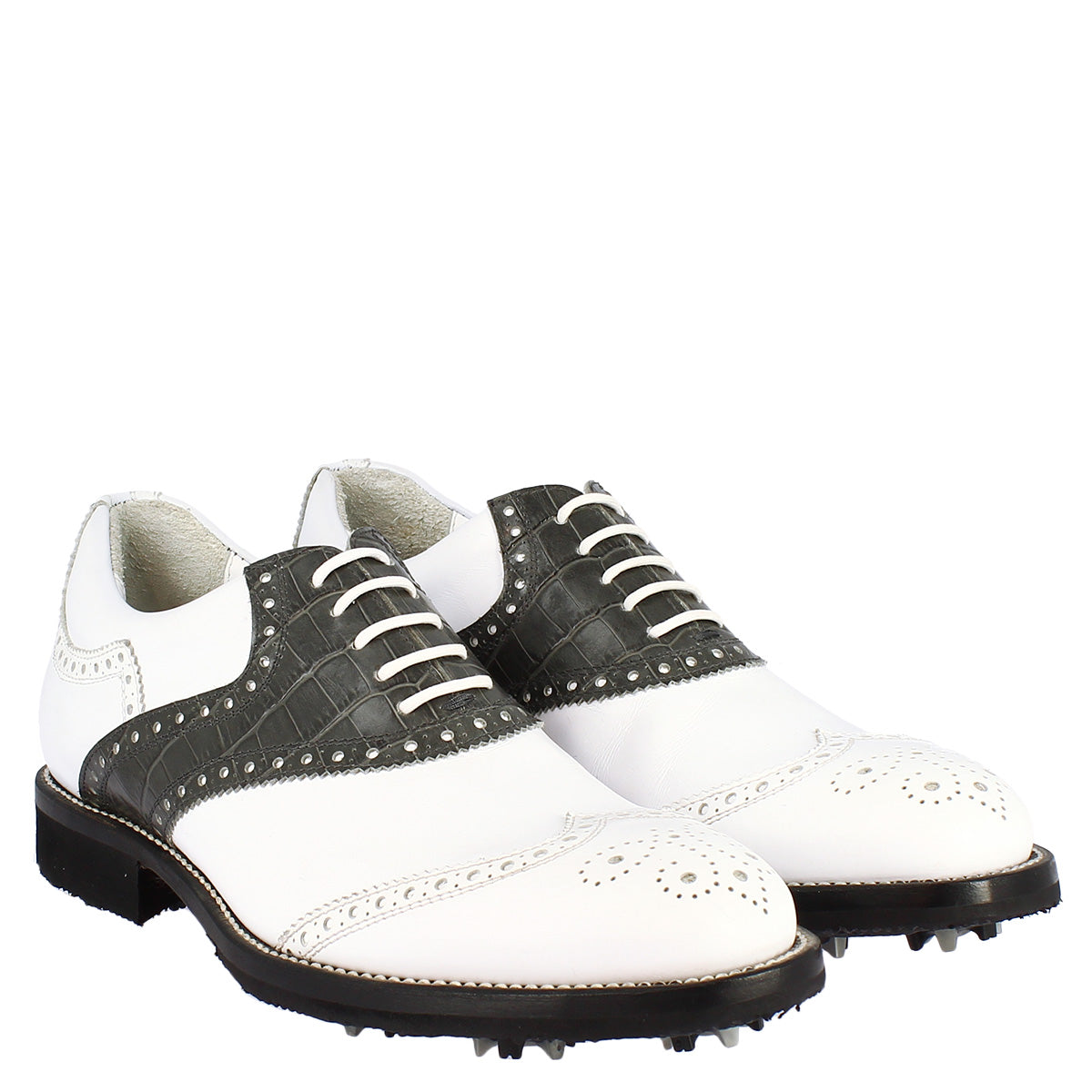Scarpe da golf donna classiche artigianali in pelle bianca grigia