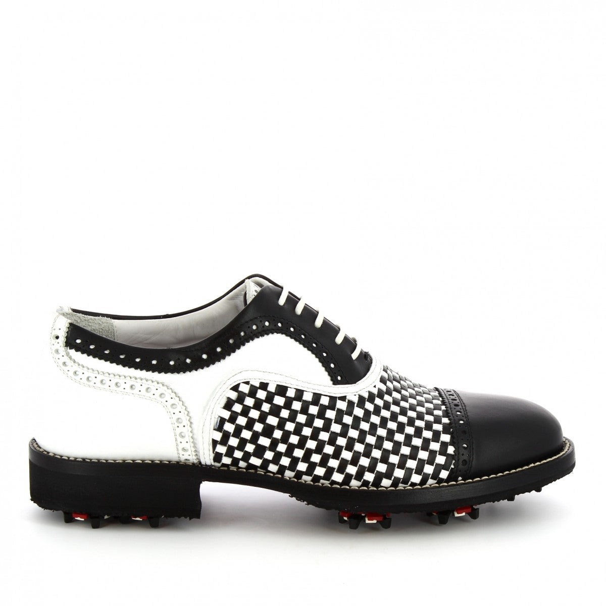 Scarpe da golf classiche artigianali unisex in pelle di vitello bianca nera