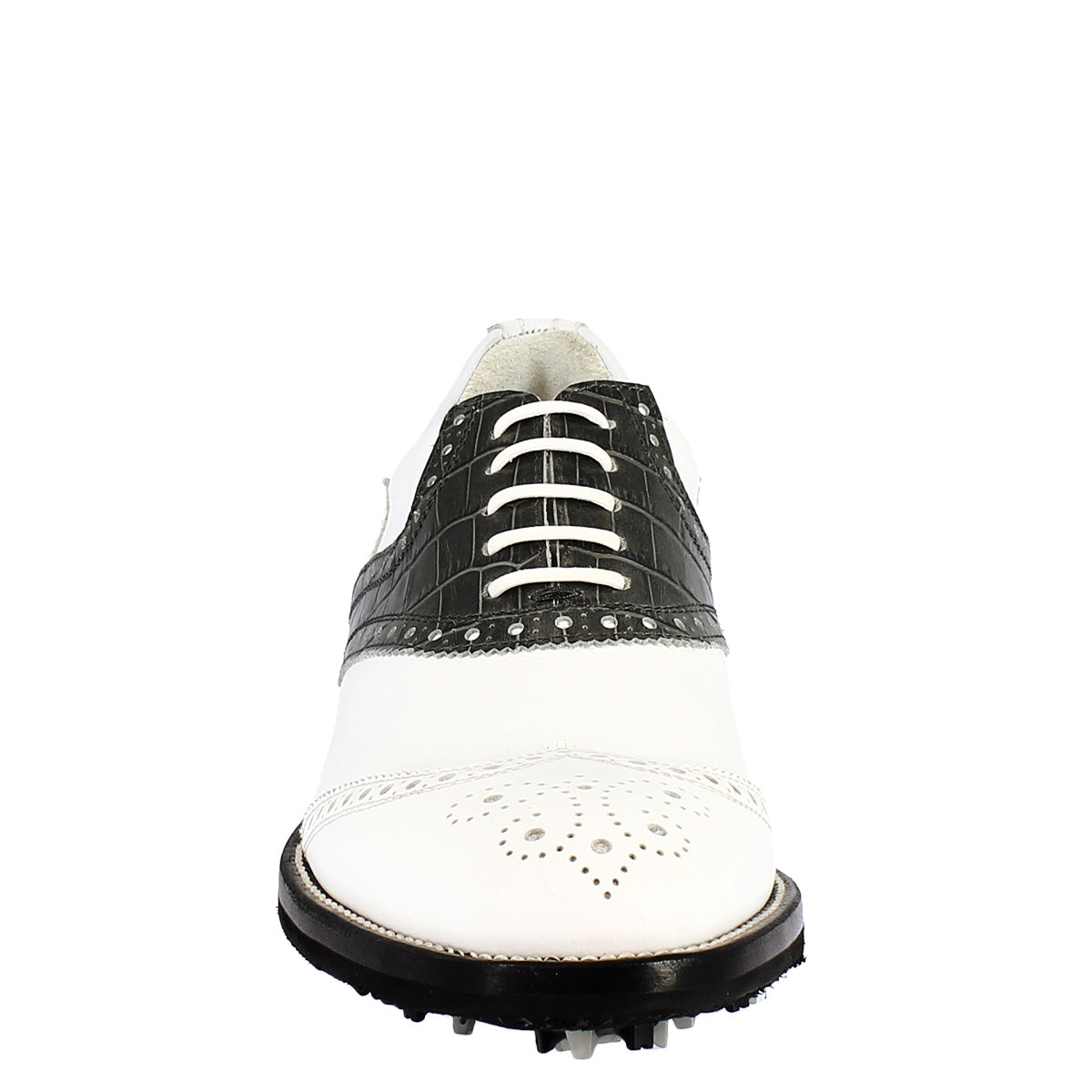 Handgefertigte Herren-Golfschuhe aus schwarz-weißem Vollnarbenleder