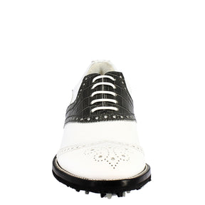 Scarpe golf donna artigianali in pelle pieno fiore bianco nero