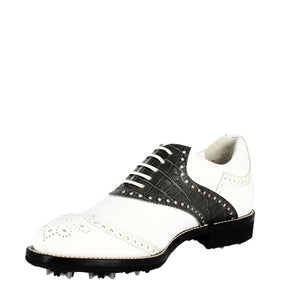 Scarpe golf uomo artigianali in pelle pieno fiore bianco nero